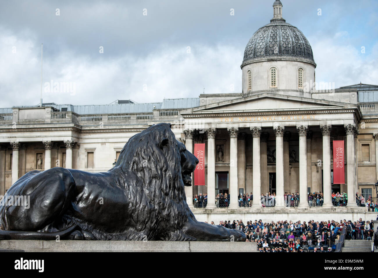 LONDON, UK - One of four large statues of lions that sit at the base of Nelson's Column in Trafalgar Square in central London. In the background is the British National Gallery. Built to commemorate Admiral Horatio Nelson's victory at the Battle of Trafalgar, the square serves as both a historic site and a central hub for cultural and community events. Stock Photo