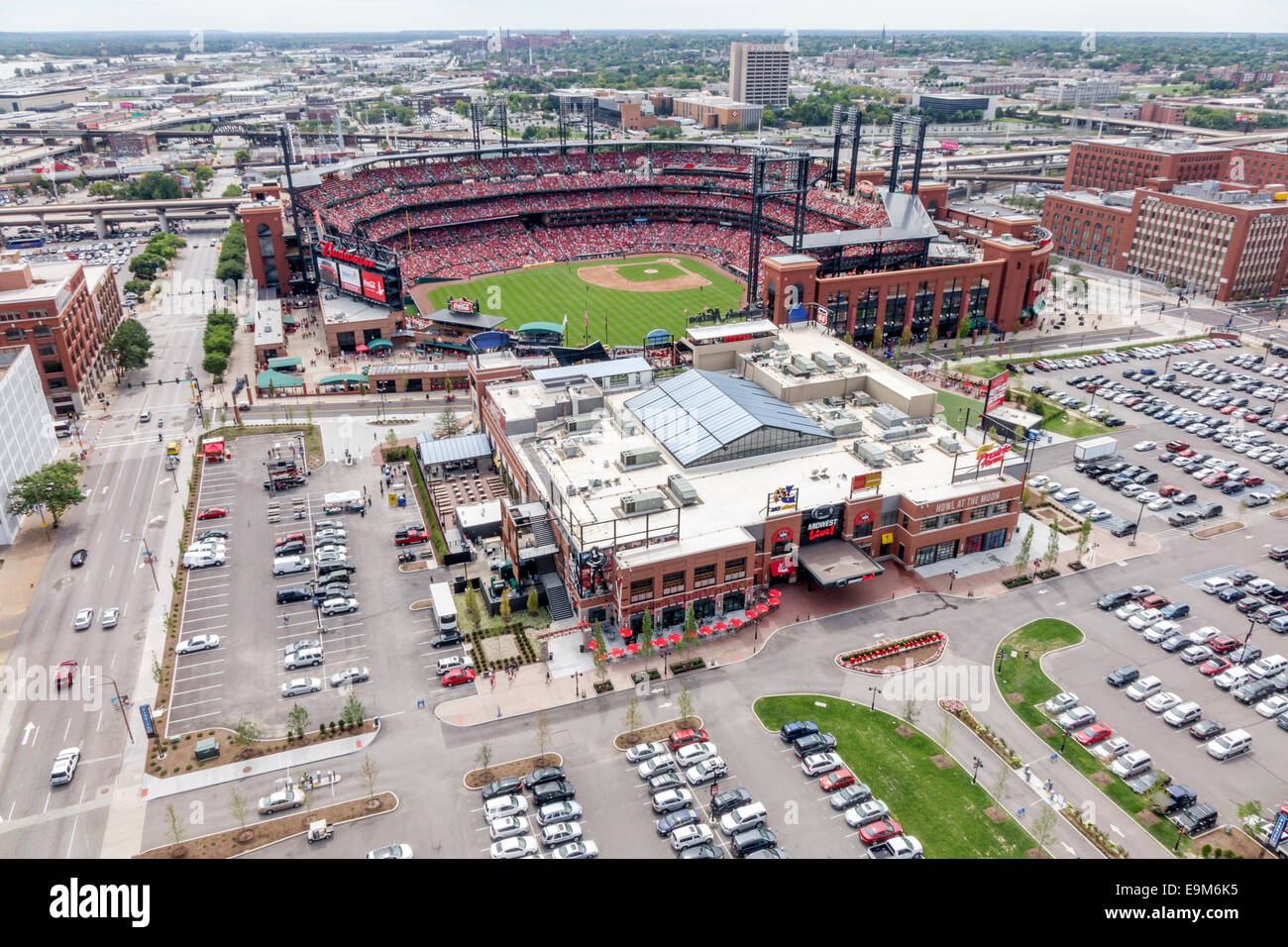 Saint St. Louis Missouri,Busch Stadium,Cardinals Hall of Fame Museum,Ballpark Village,major league baseball,game,aerial overhead view from above,view, Stock Photo