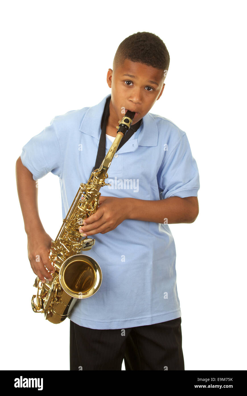 Handsome African American Boy Playing the Saxophone on a White