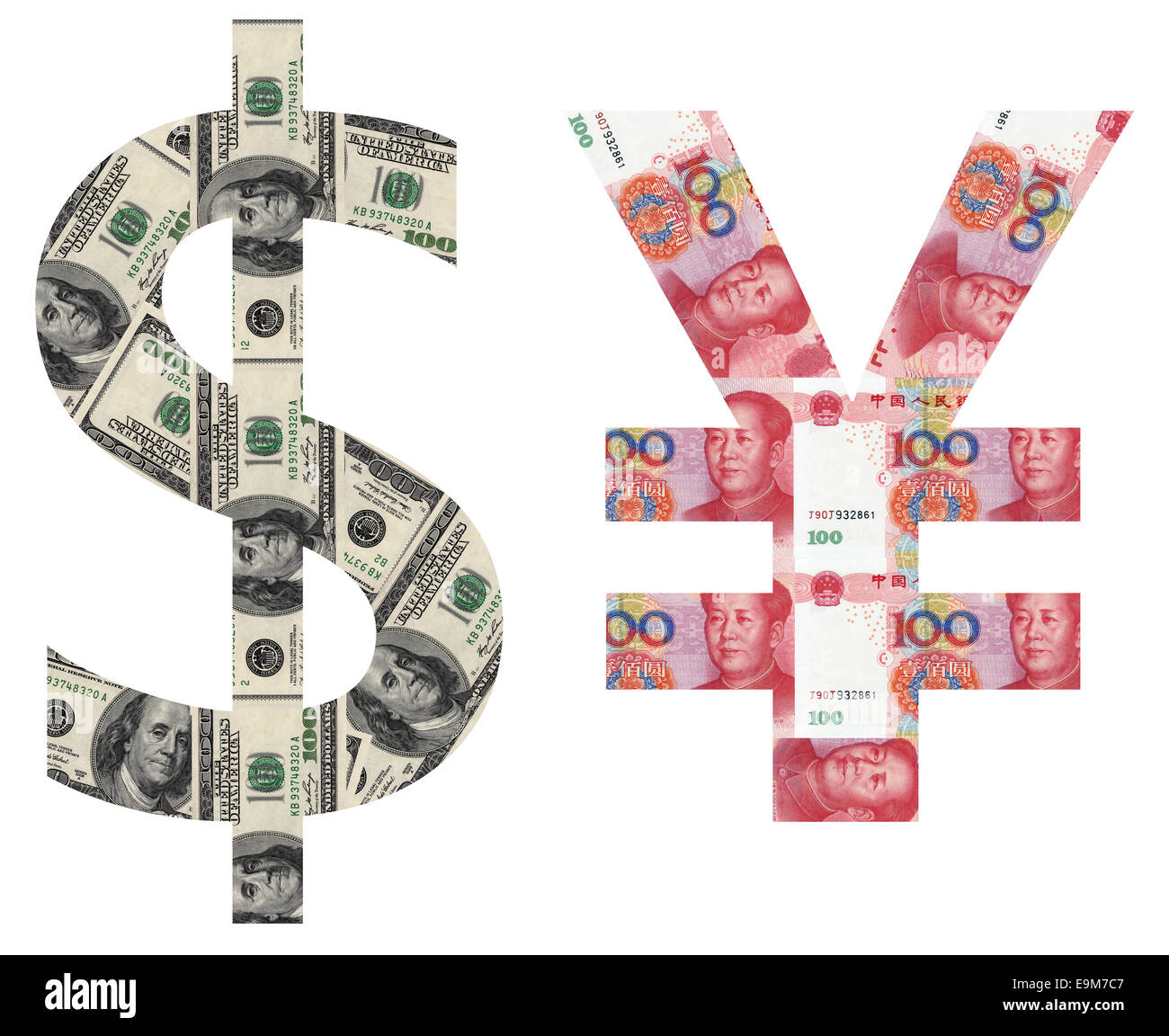 usd and rmb sylmbols shaped by paper currency Stock Photo Alamy