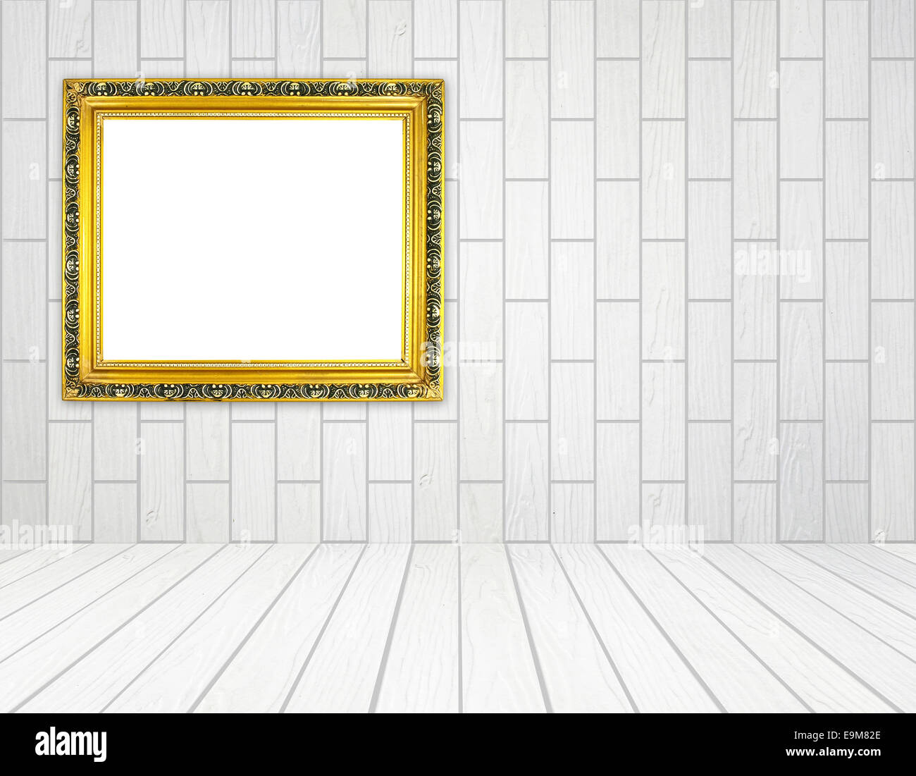 Blank Golden Frame In Room With White Wood Wall Block Style
