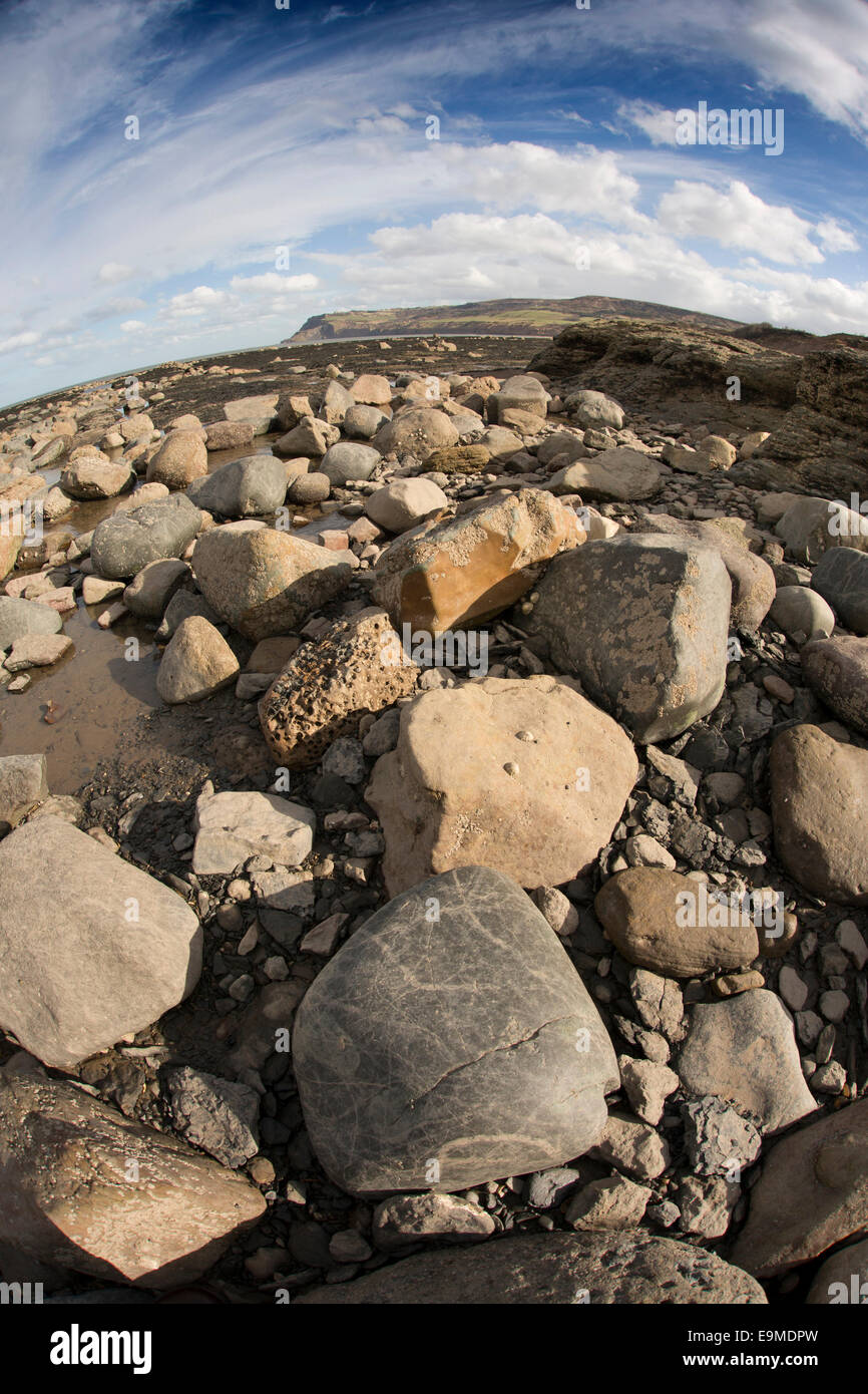 UK, England, Yorkshire, Robin Hood’s Bay, rock pools fisheye wide