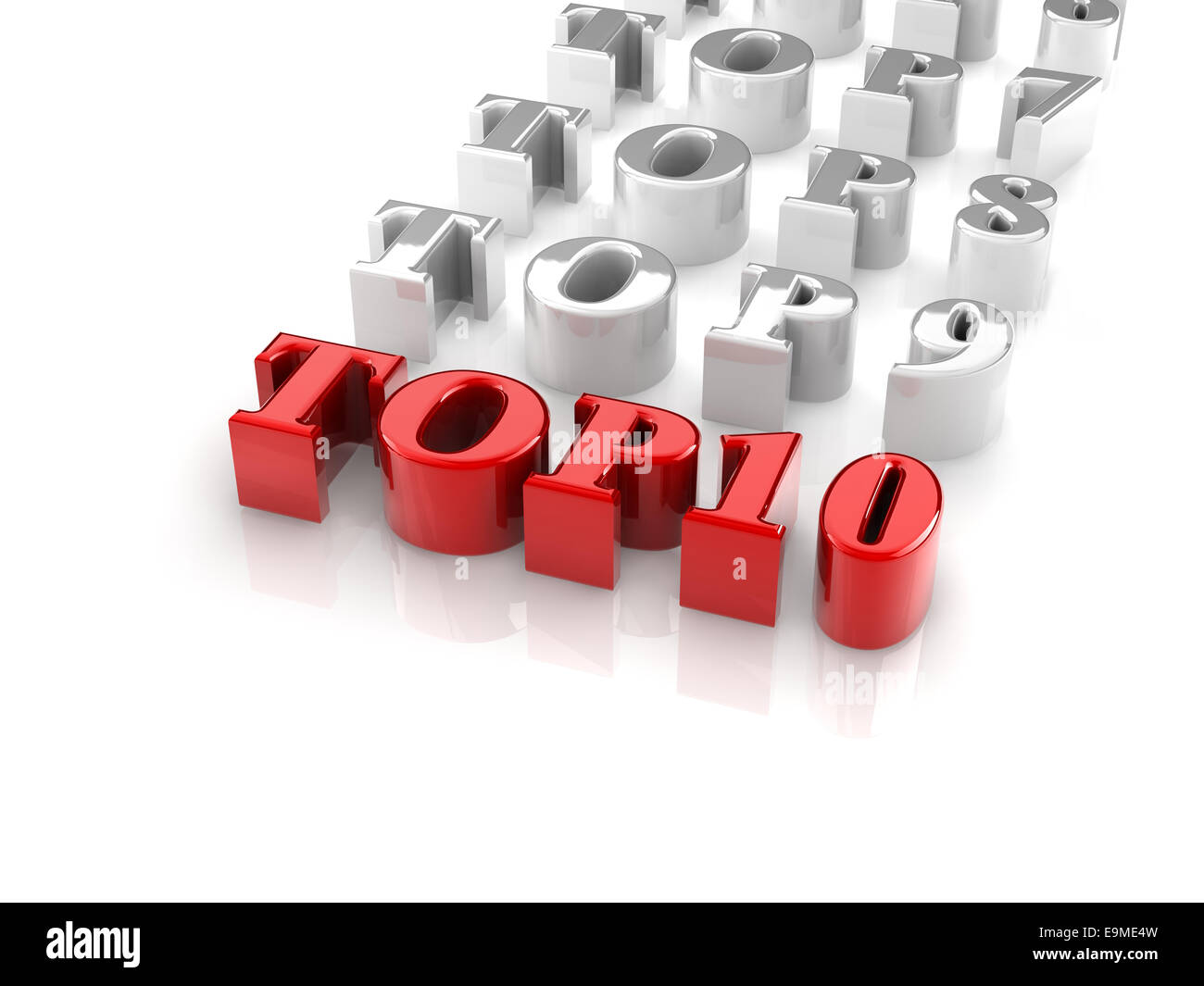 reflective 3d text TOP10 isolated with white background. Stock Photo