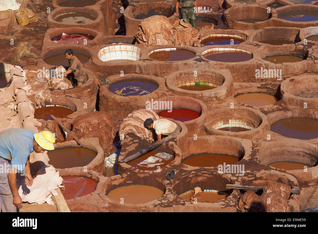 Traditional tannery with dying vats, The Chouwara, Chouara, Old Town, Medina, Fez, Fes, Fez el Bali, Morocco Stock Photo