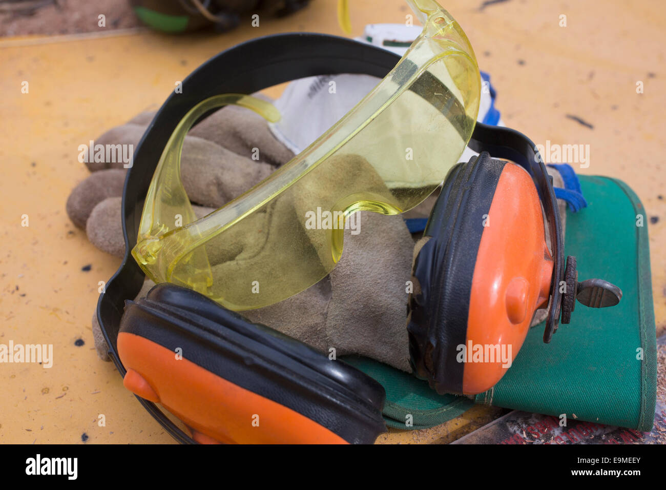 Close-up of construction worker's safety equipment Stock Photo