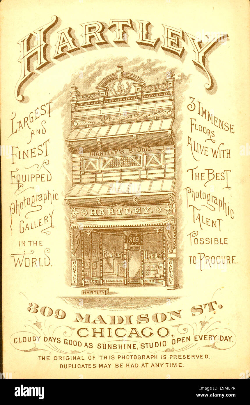 Cabinet photo back advertising Hartley Photographic Gallery, 309 Madison Street, Chicago, USA circa 1885 Stock Photo