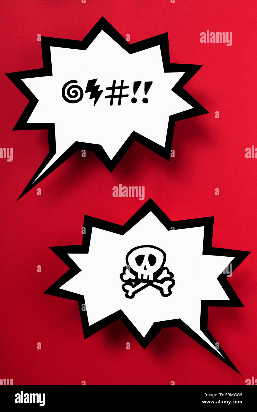 Curse and danger speech bubbles against red background Stock Photo