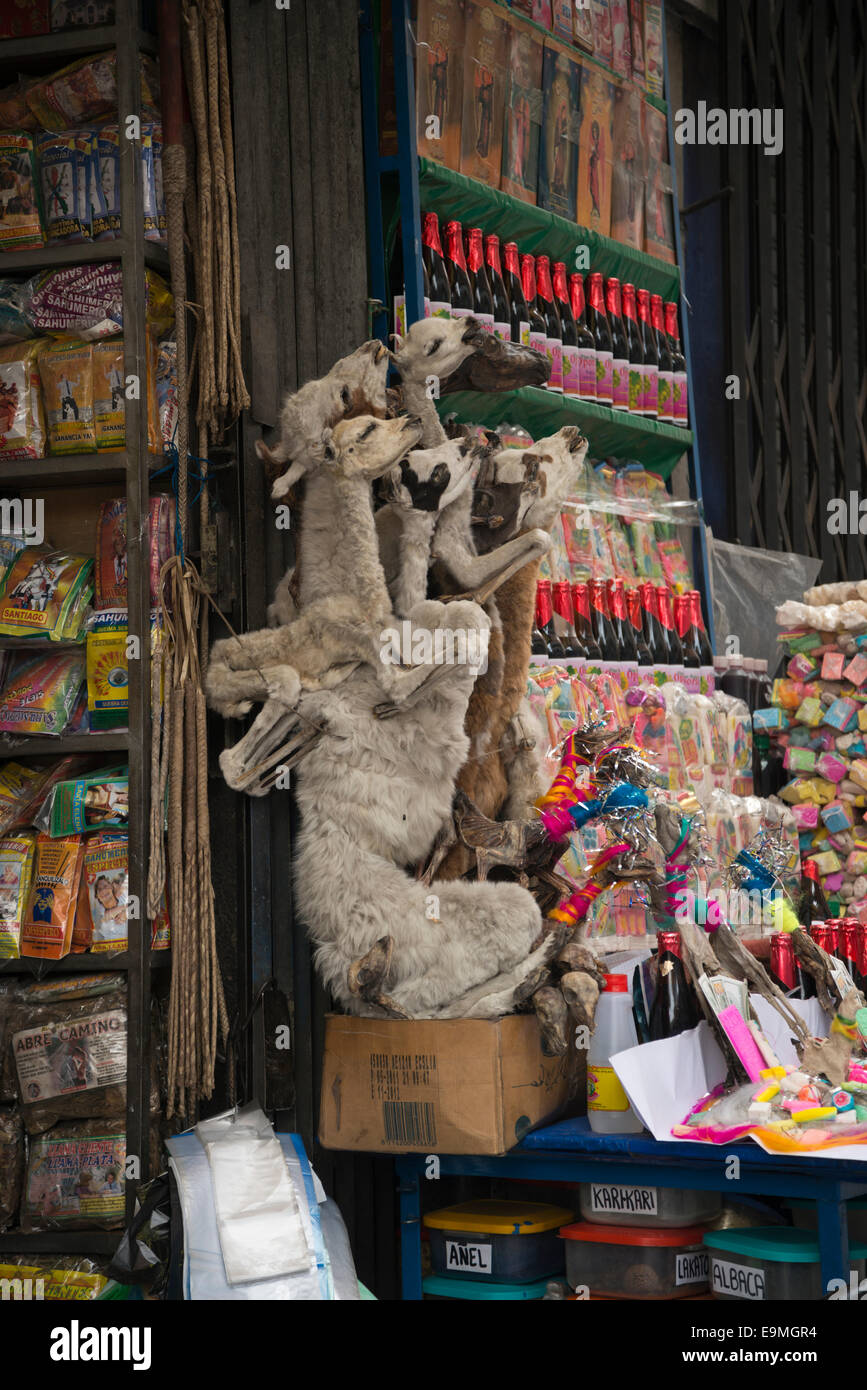 Stall in Witches market area of La Paz, Bolivia Stock Photo