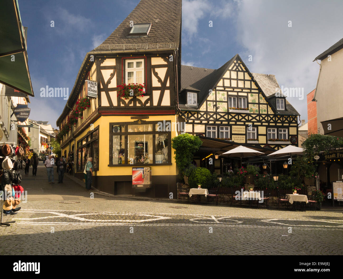 Traditional timber framed buildings Rudesheim am Rhein popular tourist ...