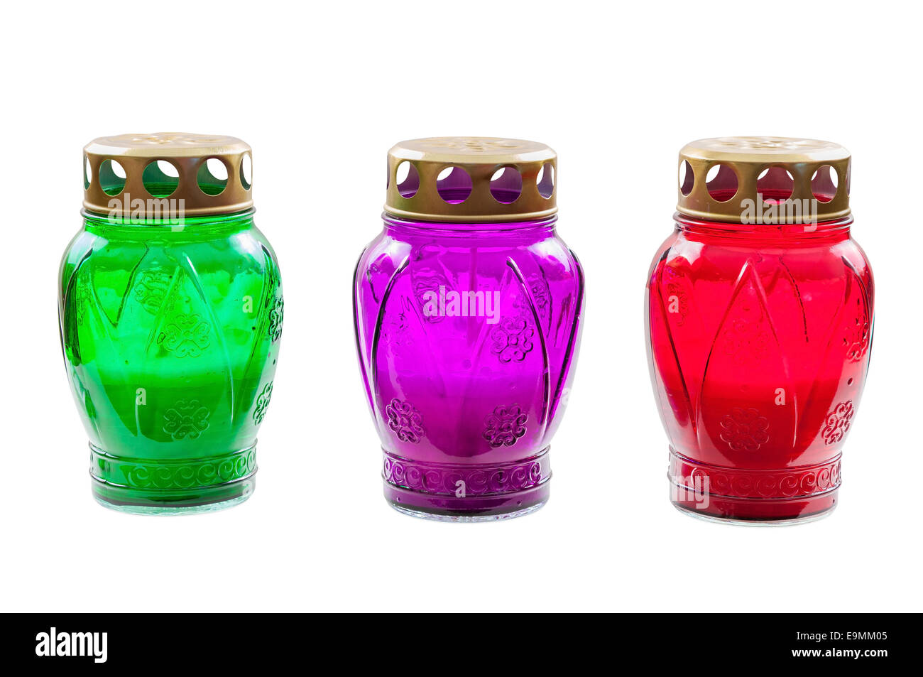 Colored votive candles isolated on white background with clipping path