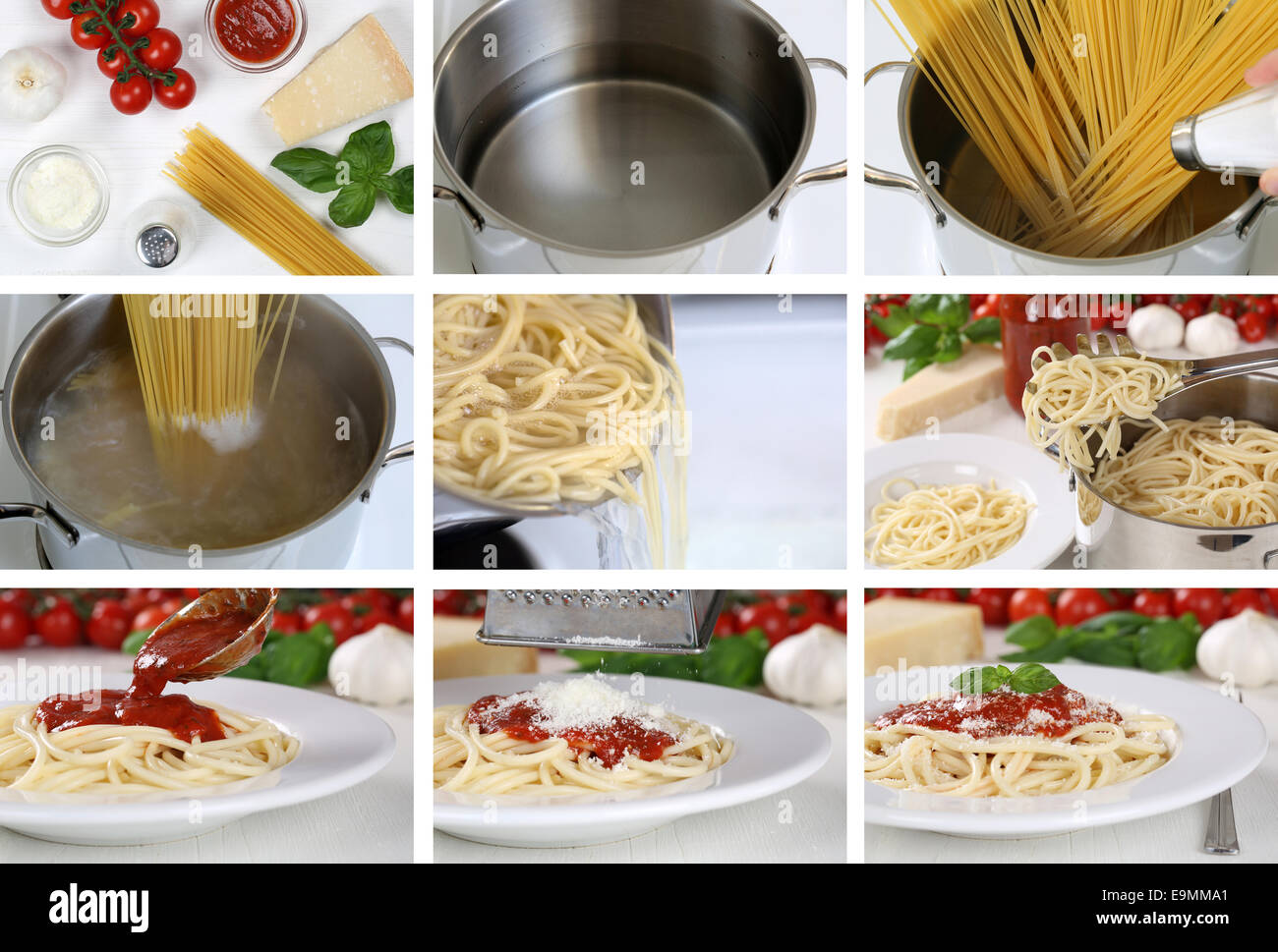 Cooking spaghetti noodles pasta with tomato sauce and basil: step