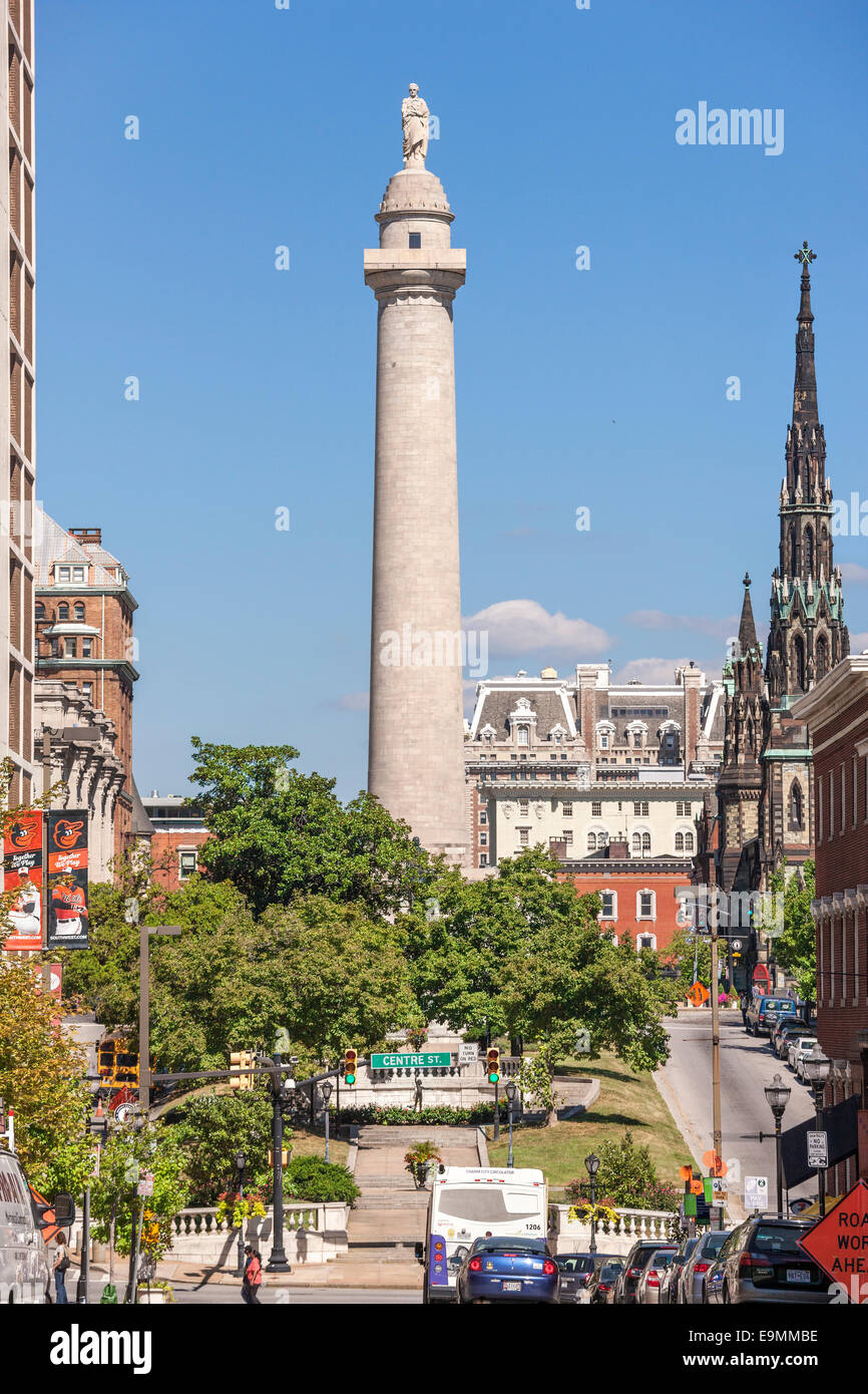 Baltimore Mount Vernon Place with original Washington Monument column, from N Charles St, heart of Mt Vernon Historic District. Stock Photo