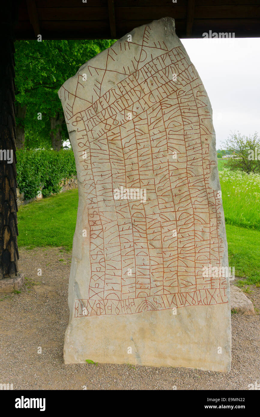 Runestone in Sweden, the famous Roek stone, Röksten, in Rok near Vadstena Stock Photo
