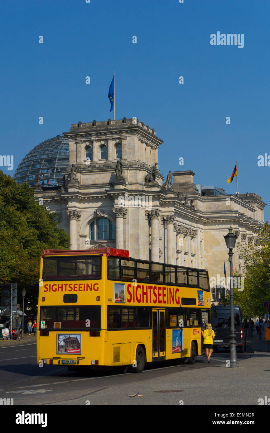 Sightseeing bus, Berlin, Germany, in front of old Parliament building, The Reichstag, Stock Photo
