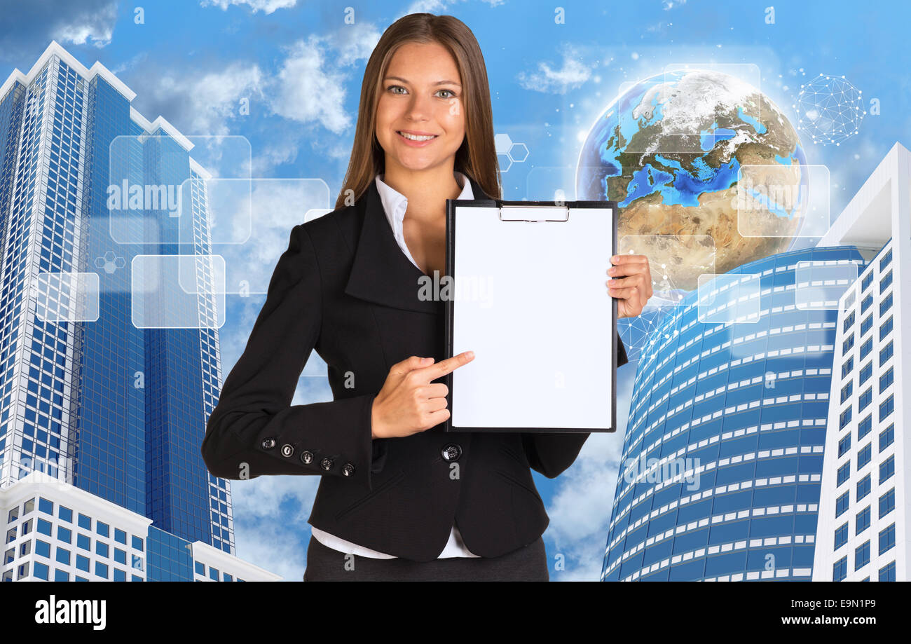 Businesswoman holding paper holde. Building and Earth Stock Photo - Alamy