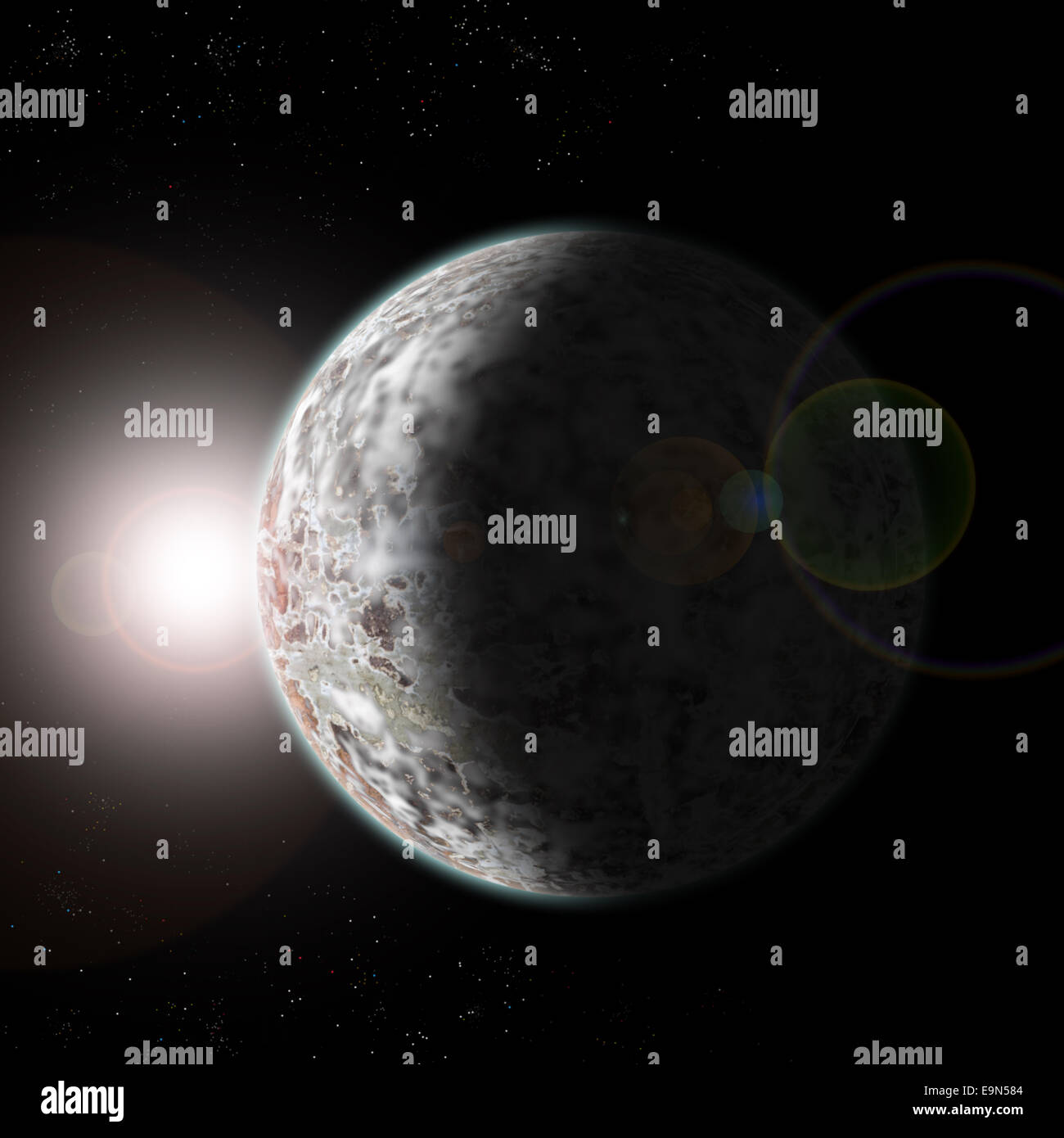 Rock with clouds from space at sun dawn and stars Stock Photo