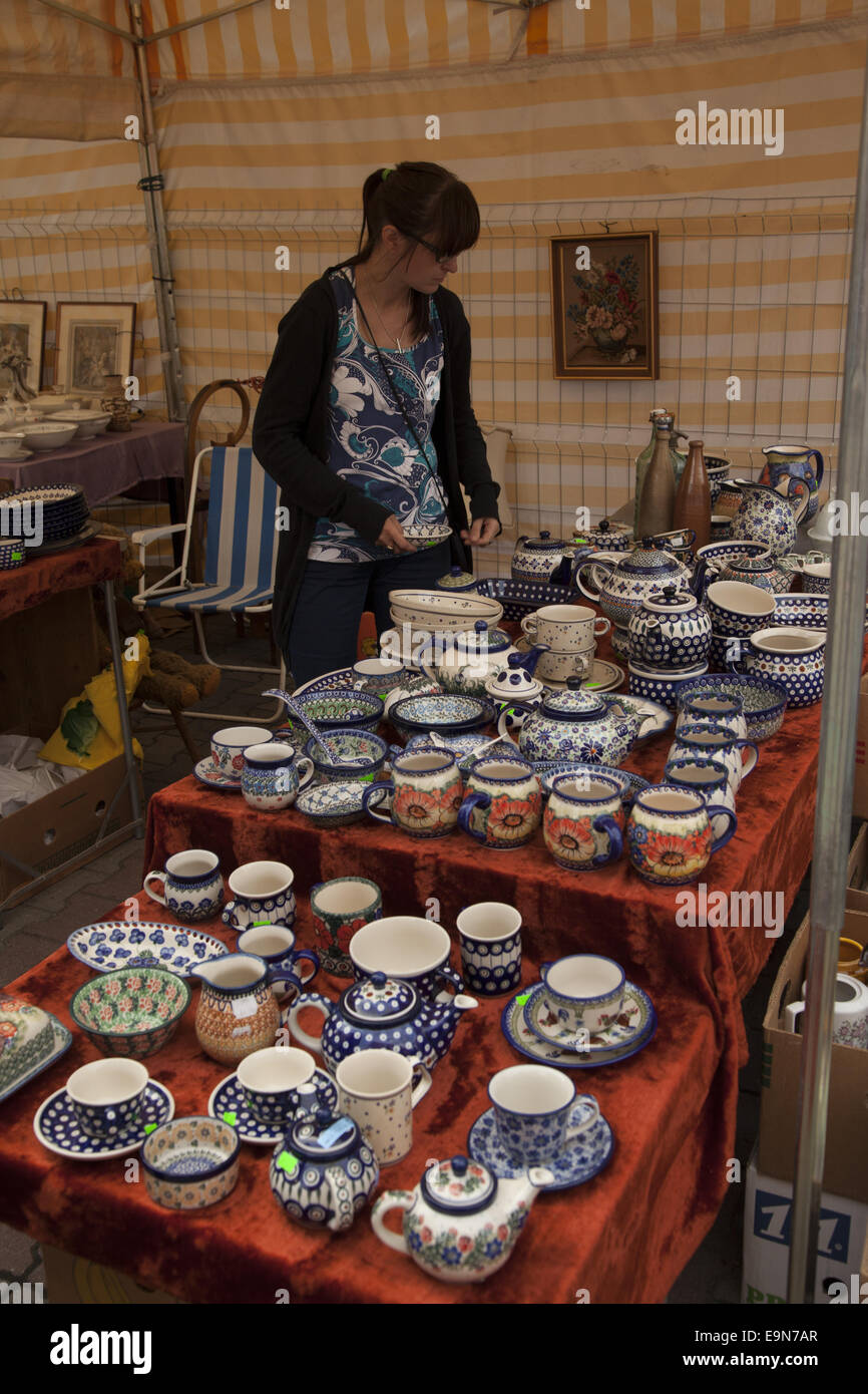 Various hand made items and antiques for sale at the annual folk arts festival in Zielona Gora, Poland. i Stock Photo