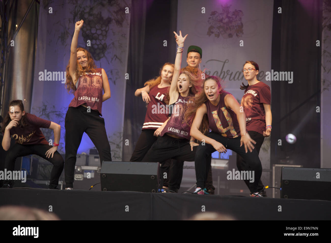 Teenage hip hop influenced dance group performs at a summer arts festival in Zielona Gora, Poland. Stock Photo