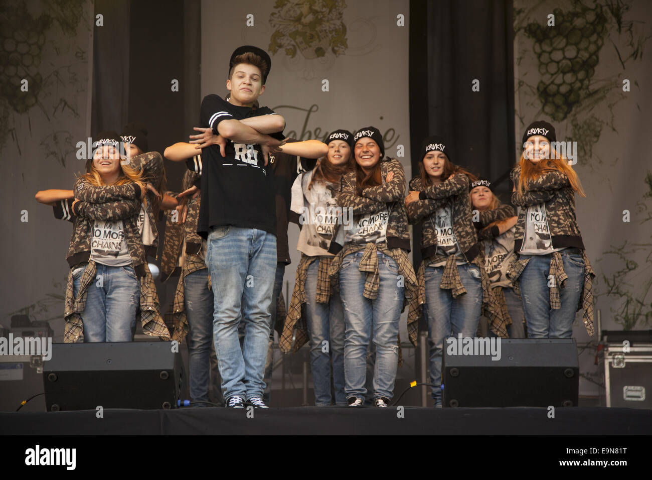 High School age dance group influenced by hip-hop performs at a city festival in Zielona Gora, Poland. Stock Photo