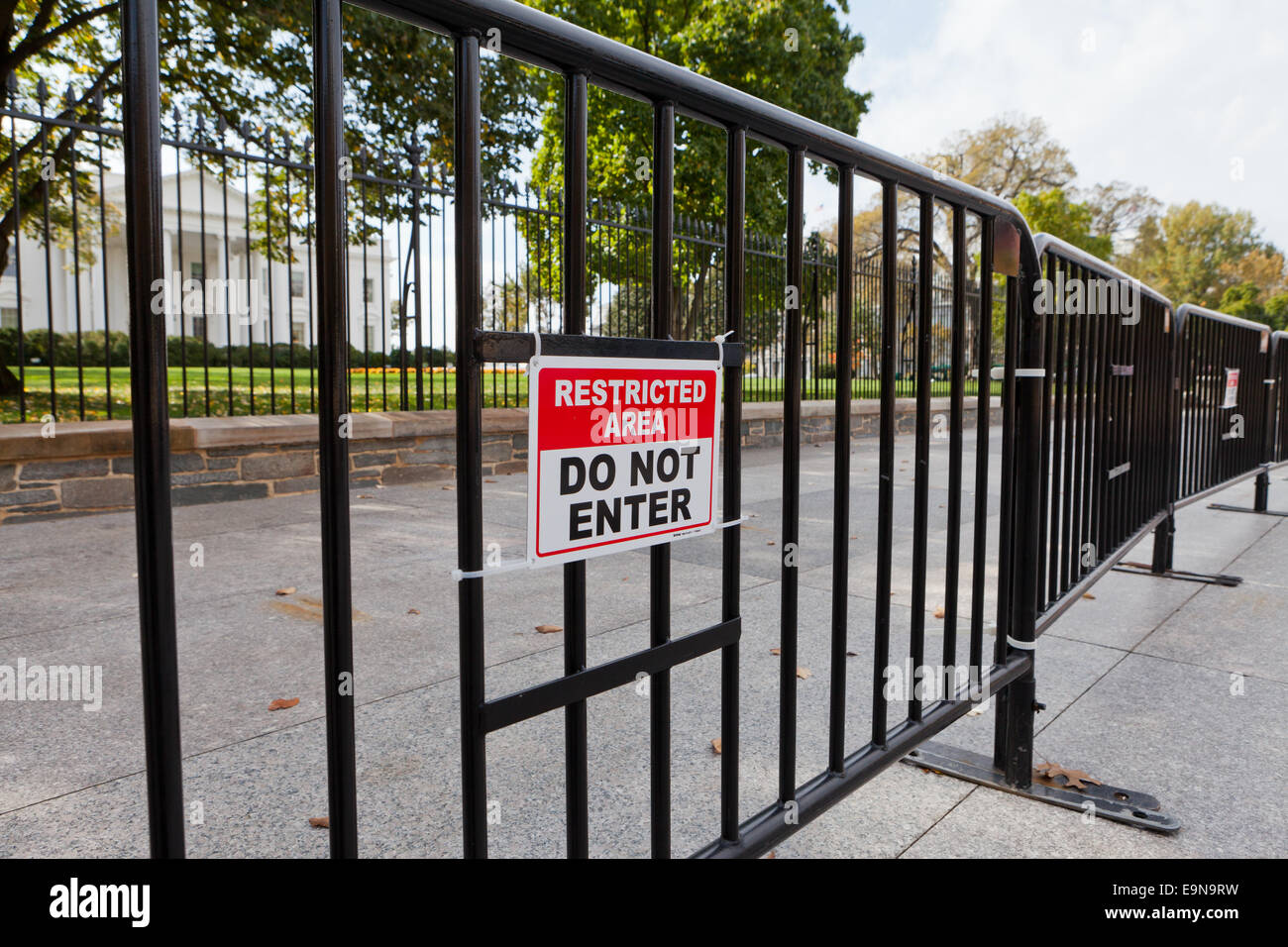 Barricades placed in front of the White House fence - Washington, DC USA Stock Photo