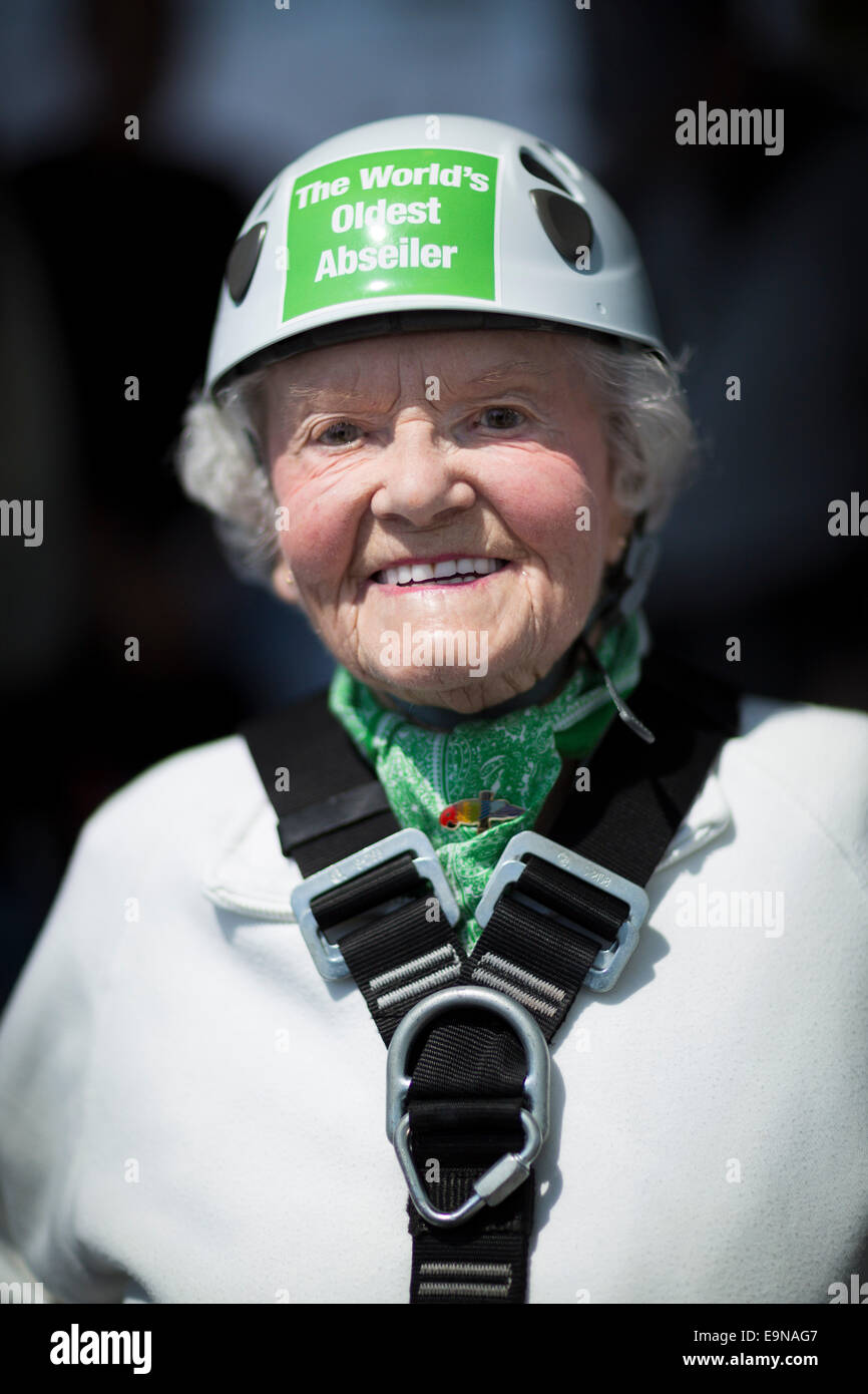 Intrepid centenarian Doris Long MBE prepares to abseil down the 130