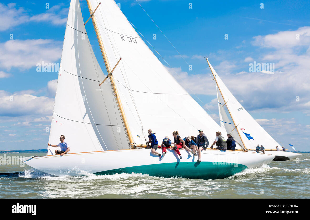 The Eight Metre yachts, Helen (nearest) and Saskia, competing in the Panerai British Classic Week sailing regatta at the start o Stock Photo