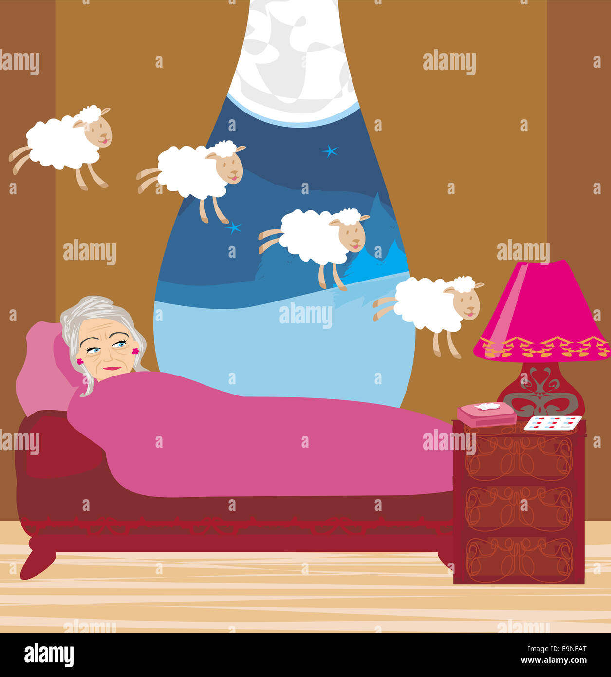old lady counting sheep to fall asleep Stock Photo Alamy