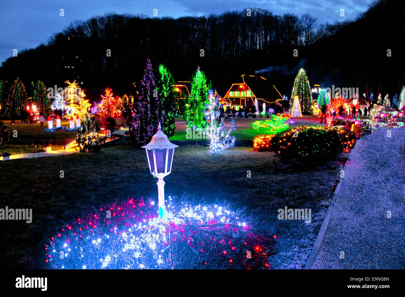 Village in colorful Christmas lights Stock Photo