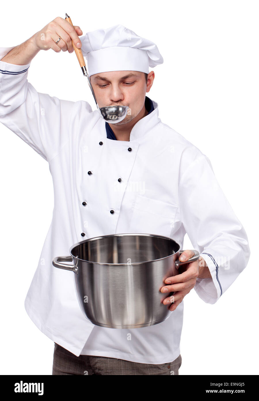 man cook holding saucepan and ladle Stock Photo Alamy