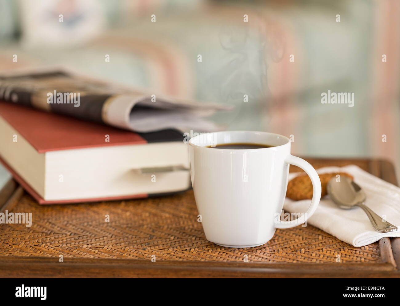 Black coffee in white mug wooden table Stock Photo