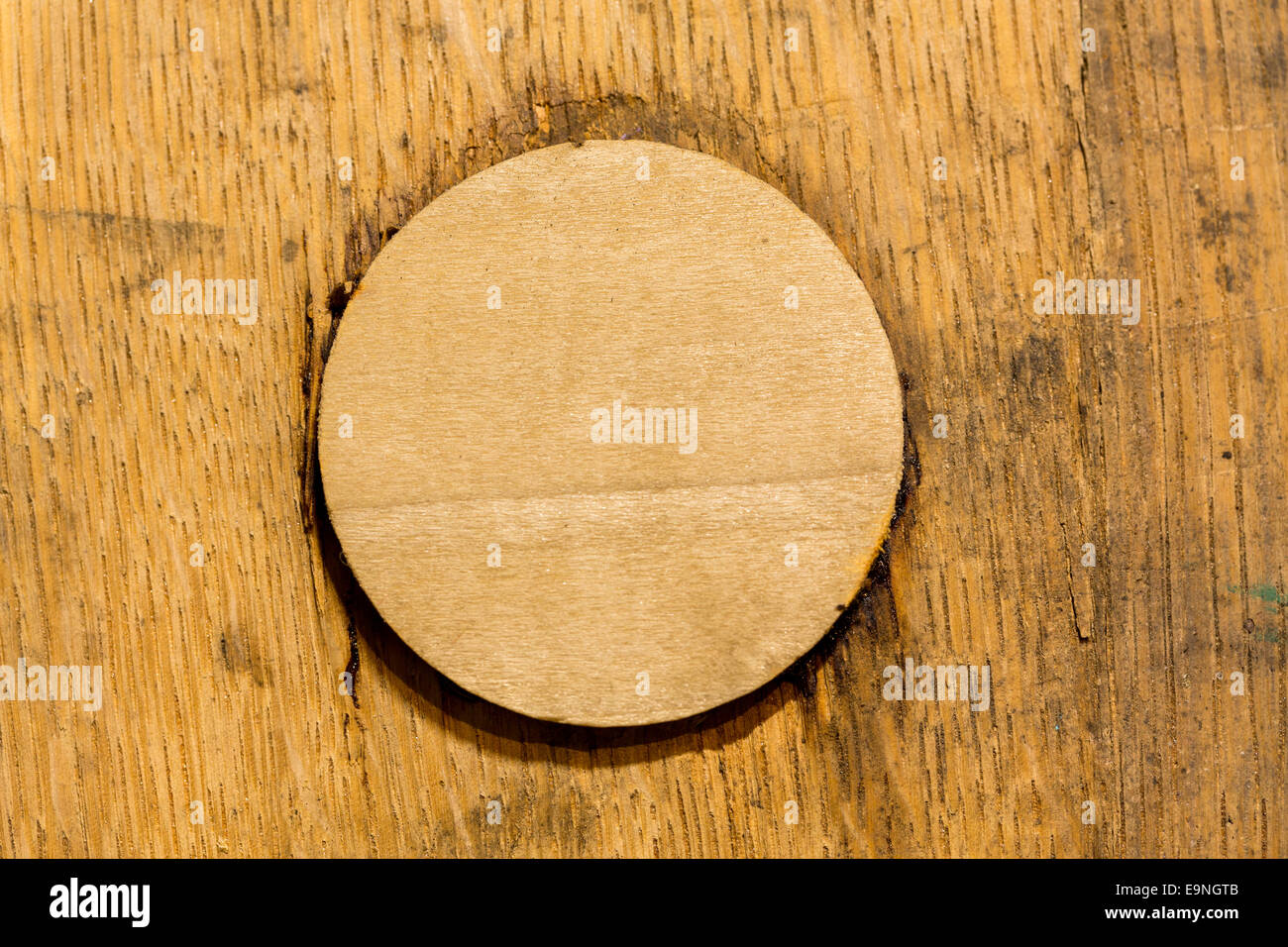 Macro shot of bung in wooden bourbon barrel Stock Photo