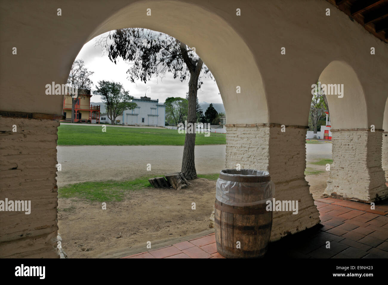 CALIFORNIA - Plaza area from the covered walkway at Mission San Juan Bautista at the San Juan Bautista State Historic Park. Stock Photo
