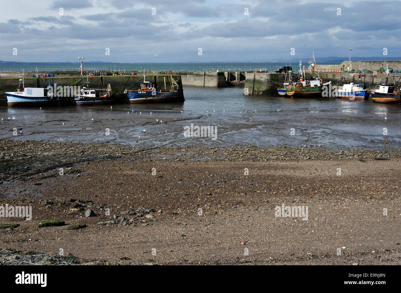 Fishing boats in Port Seton Harbour, near Edinburgh, Scotland, with the tide out Stock Photo Alamy