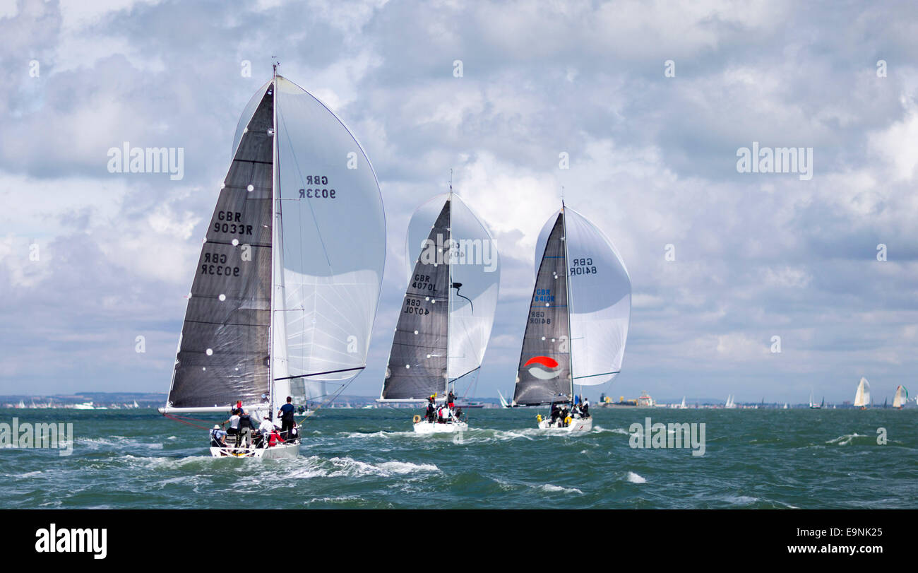 Premier Flair (GBR8410R) leads Incognito (GBR4070L) racing in IRC class 2, on the opening day of Aberdeen Asset Management Cowes Stock Photo