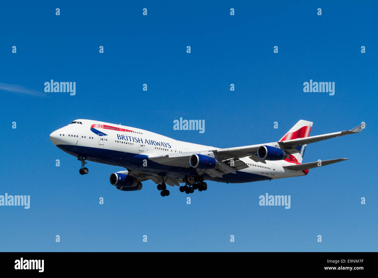 Boeing jumbo jet. British Airways 747-400 plane on its approach for landing at London Heathrow, England, UK Stock Photo