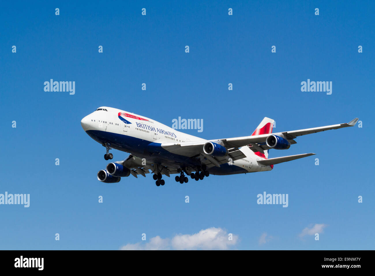 British Airways Jumbo Jet:  BA Boeing 747-400 plane, G-CIVN, on its approach for landing at London Heathrow, England, UK Stock Photo