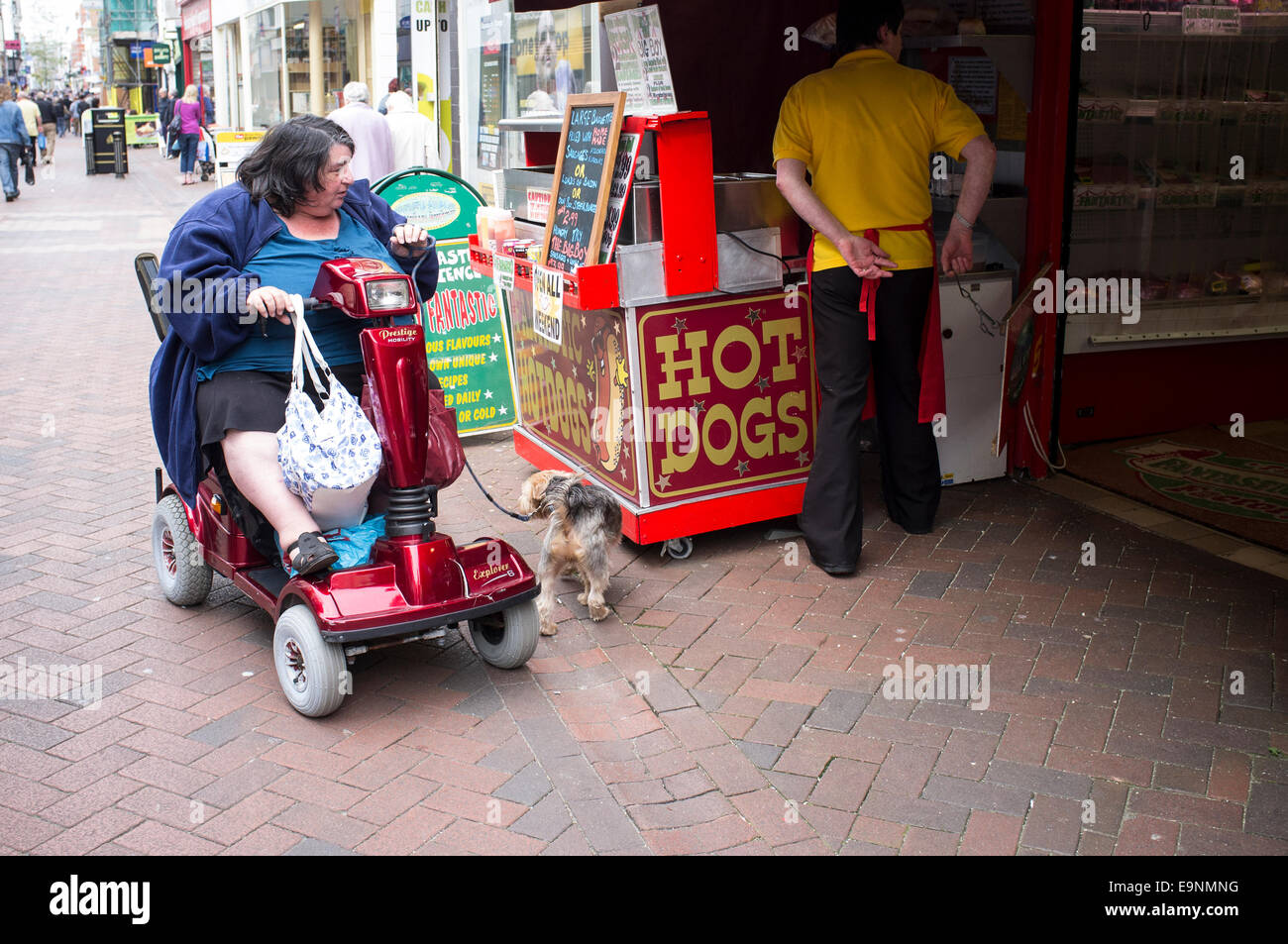 Fjord tjære segment Obese woman on mobility scooter with dog buying hot dog Stock Photo - Alamy