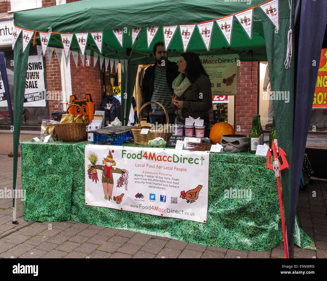 Stall at the monthly traditional Macclesfield treacle market held in the town centre. Stock Photo