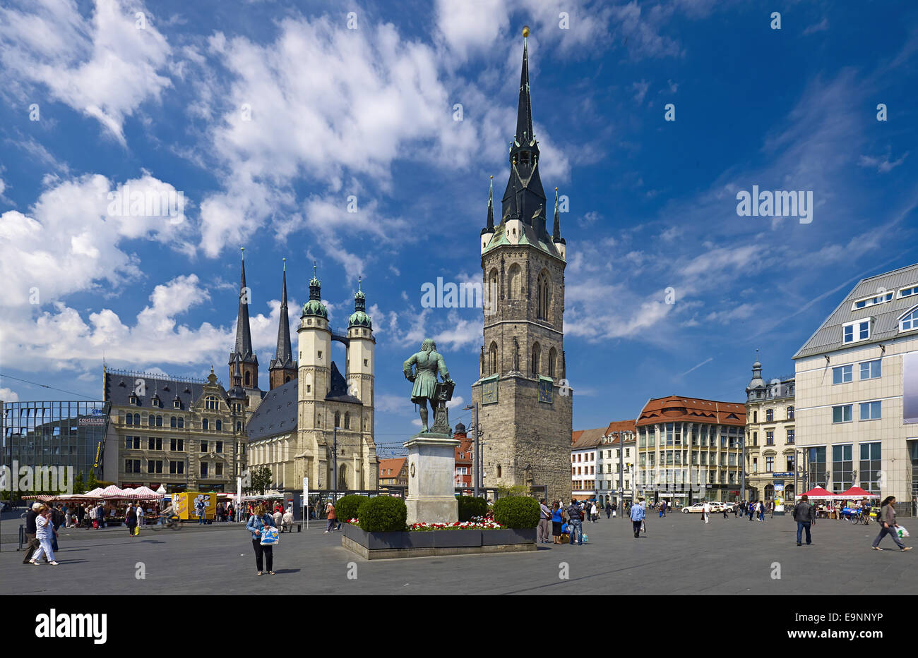 Market with Church of St. Mary, Haendel Statue and Red Tower in Halle, Germany Stock Photo