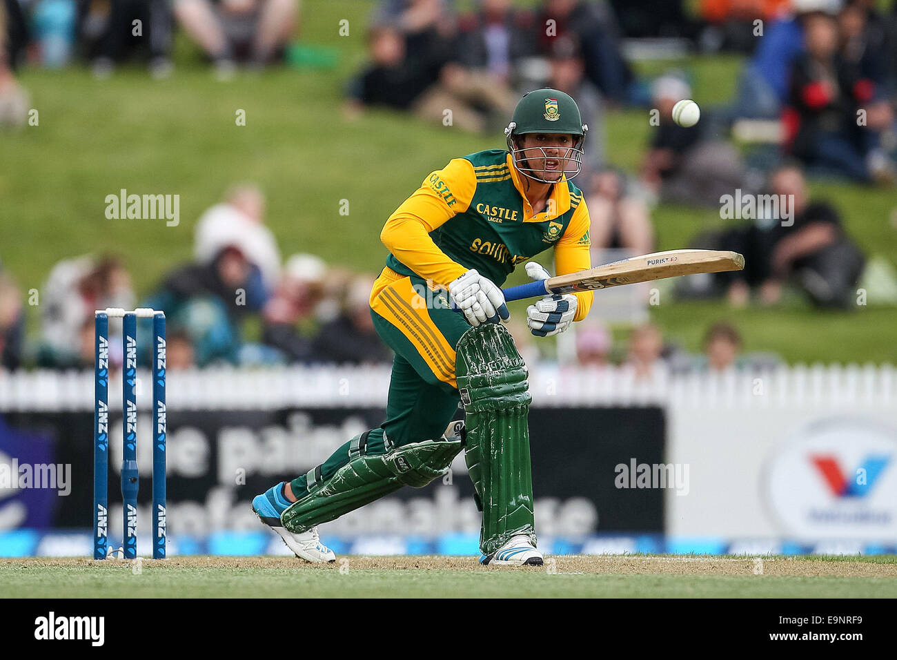 Hamilton, New Zealand. 27th Oct, 2014. South Africa's Quinton de Kock batting during the ANZ One Day International Series, NZ v South Africa at Seddon Park, Hamilton, New Zealand © Action Plus Sports/Alamy Live News Stock Photo