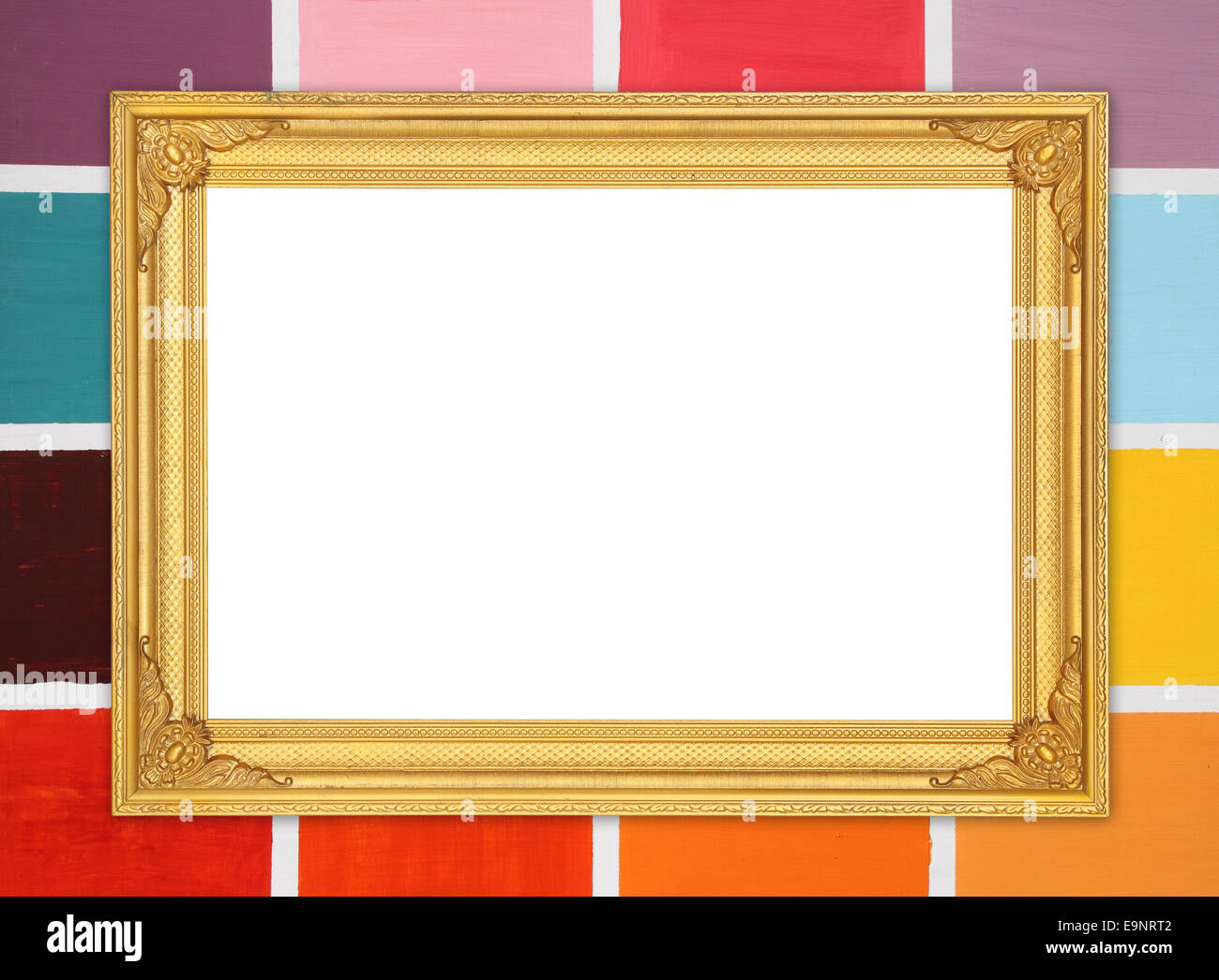 blank golden frame on colorful wood wall background Stock Photo Alamy