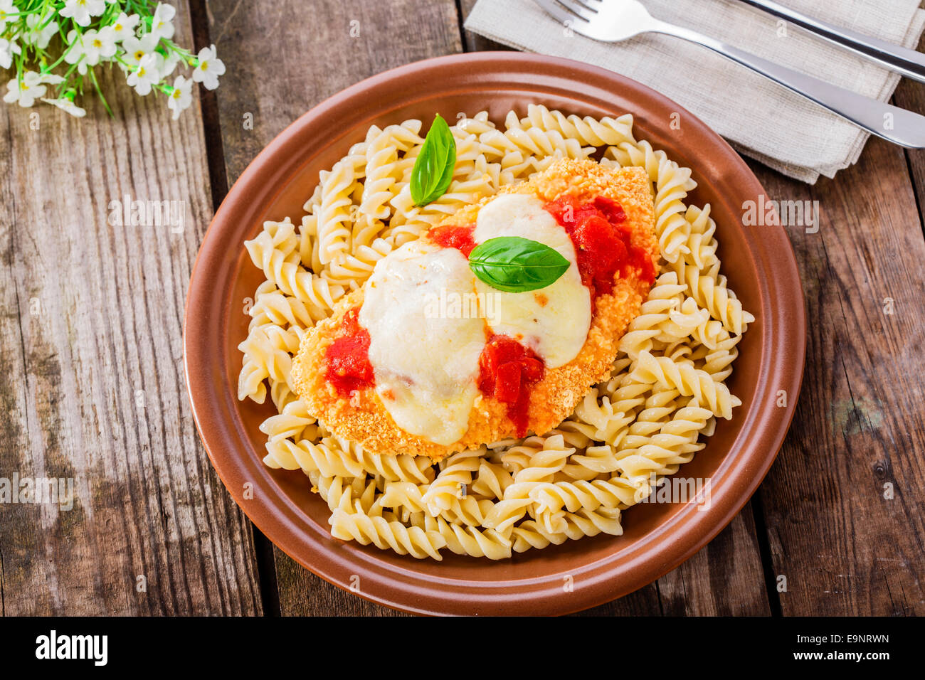 chicken schnitzel with tomato sauce and mozzarella parmesan Stock Photo ... chicken schnitzel with tomato sauce and mozzarella parmesan Stock Photo ...