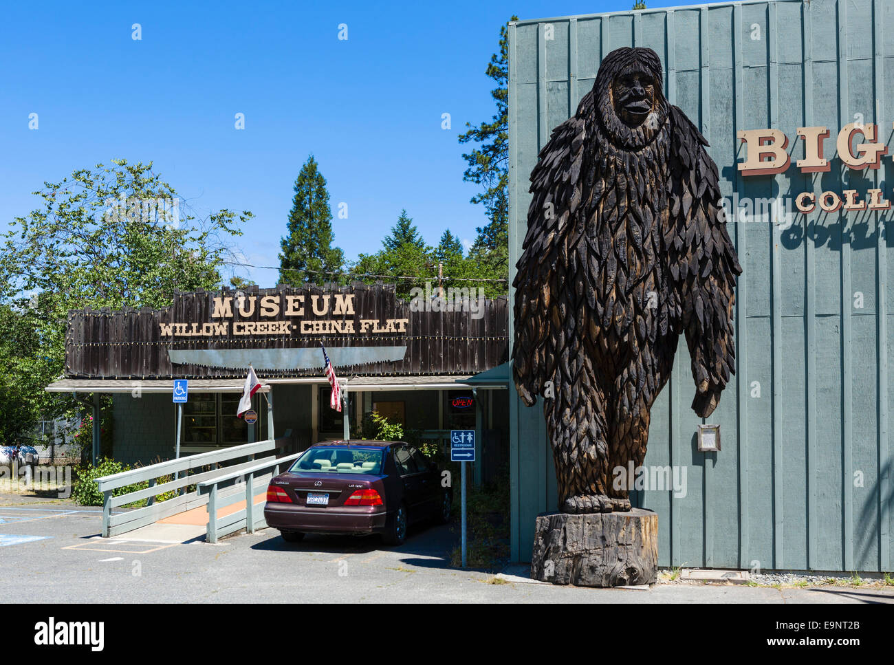 Carving of Bigfoot outside the Bigfoot Museum in Willow Creek, Northern California, USA Stock Photo