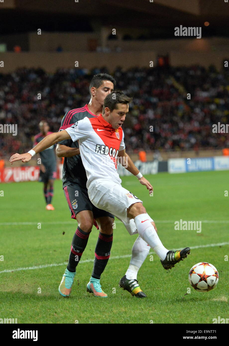 22.10.2014. Monaco, France. UEFA Champions League group stages football. Monaco versus Benfica.  Joao Moutinho (mon) challenged by Andre Almeida (ben) Stock Photo