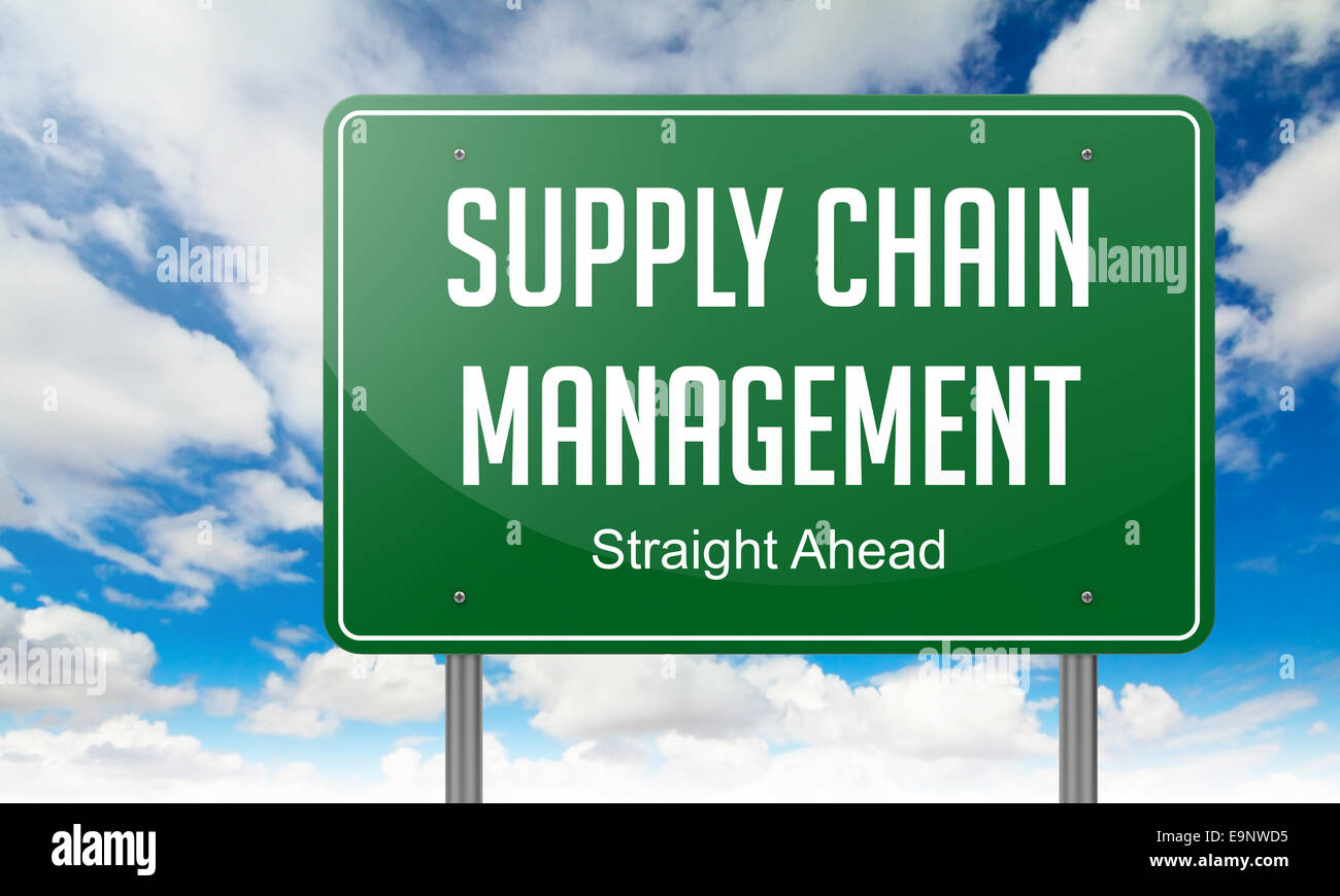 Supply Chain Management on Highway Signpost. Stock Photo
