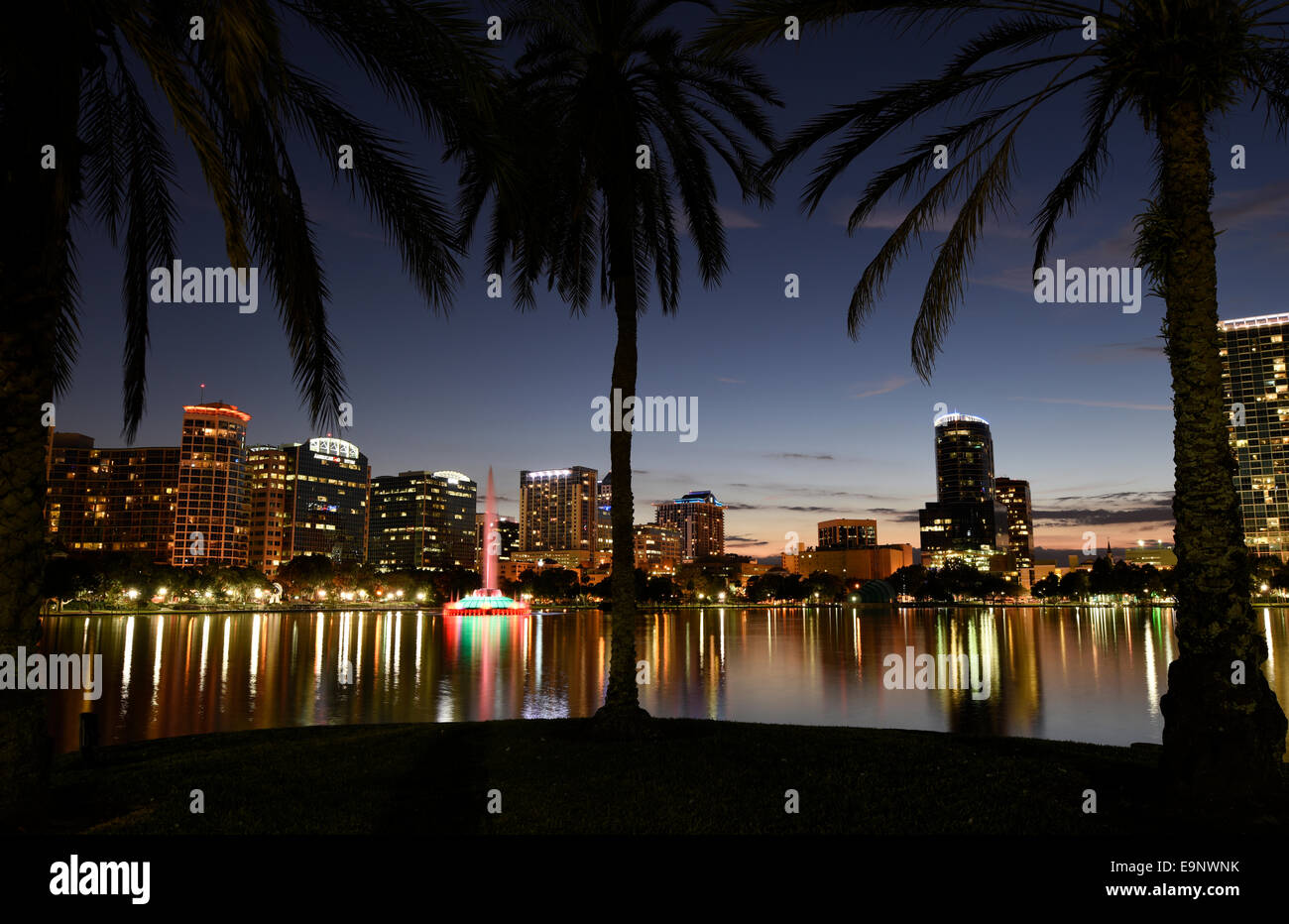 View from Lake Eola of downtown Orlando, Florida at sunset. Stock Photo