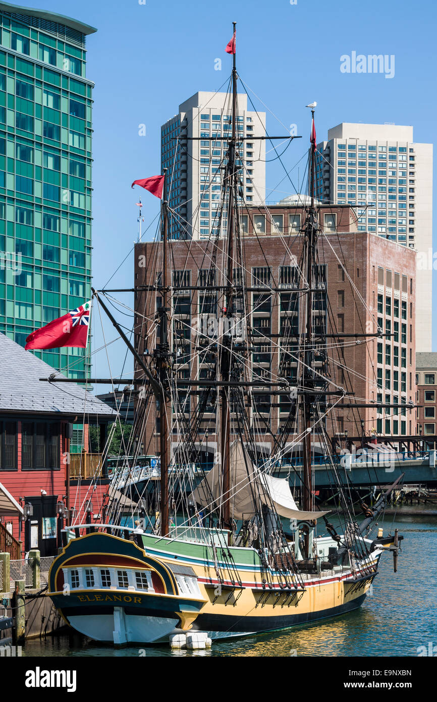 The replica merchant vessel, Eleanor, moored outside the  Boston Tea Party Museum, Boston, Massachusetts - USA. Stock Photo