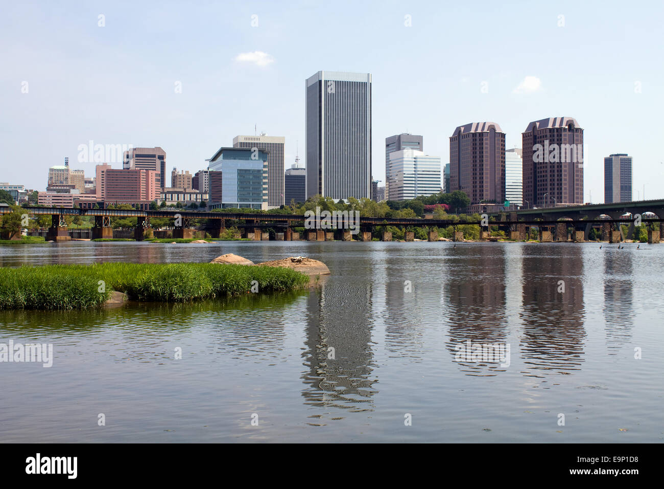 A skyline view of Richmond, Virginia, USA, the state capital, as seen from across the James River. Stock Photo