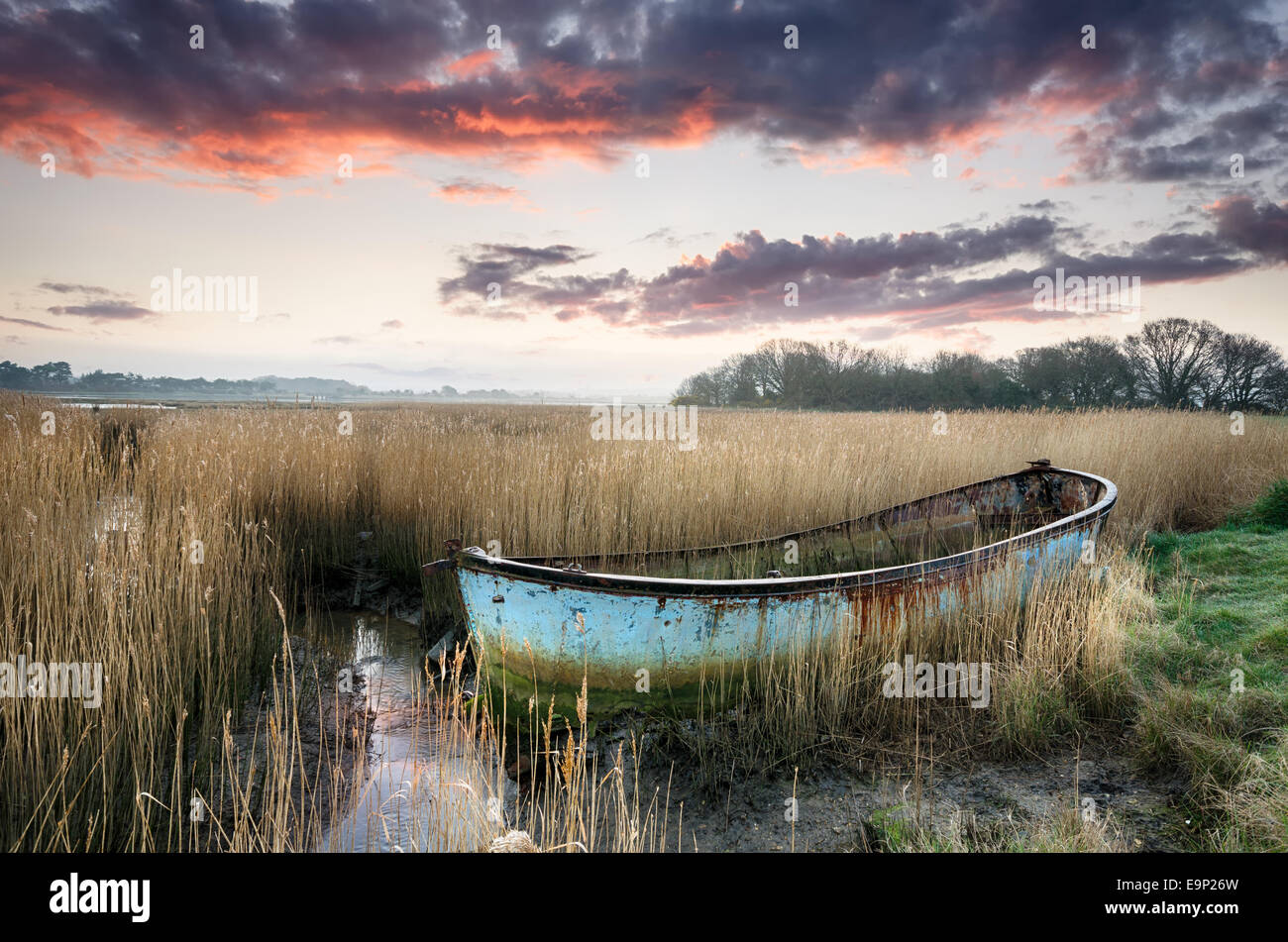 Beautiful sunset over an old rusty fishing boat washed up in reeds on ...