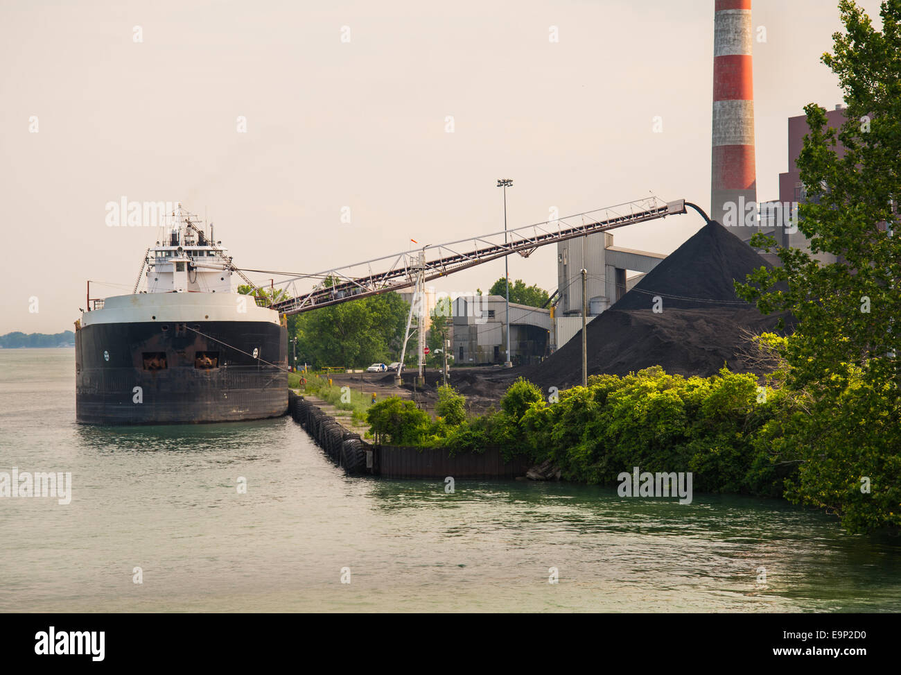 Coalship on south Detroit River at power plant Stock Photo
